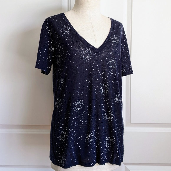 Rails Tee Linen Blend Star Print V-Neck Short Sleeve Semi Sheer Navy White M NWT - Picture 3 of 11